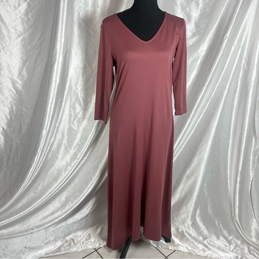 G.I.L.I. Mauve Soft Knit Midi Dress – V-Neck 3/4 Sleeve Minimalist Style S - Picture 2 of 8